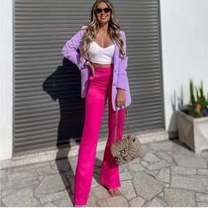 BLOGGER'S FAVE! Zara Satin Effect Pants Fuchsia Heart Collection Sz S NWT